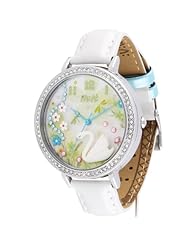 Ufingo-New Korean Polymer Clay Fashion High end Leather Strap Watch for Lady/Girl/Women-Rhinestone Edge Green Flower White Swan Dial