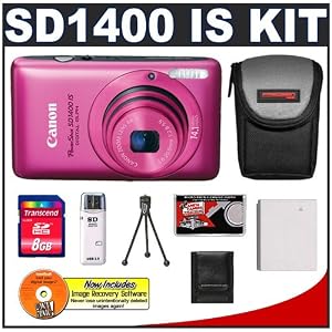 Canon PowerShot SD1400 IS Digital ELPH Camera (Pink) + 8GB Card + Case + NB-4L Battery + Accessory Kit