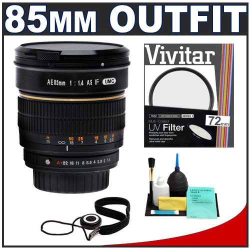 Rokinon 85mm f/1.4 Manual Focus Aspherical, Automatic Lens + UV Filter + Accessory Kit for Nikon D3000, D3100, D5000, D40, D60, D90, D300, D300s Digital SLR Cameras
