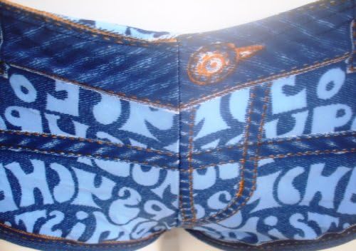 Afboutique Sexy 2Pc Jeans Look Hotpants Boyshorts Swimsuit (MED( Fit Sizes 8-10), Blue w Navy and Orange lines)