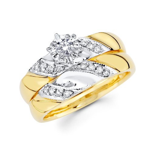 14K Yellow and White 2 Tone Gold Round-cut Diamond Women's Engagement Ring and Wedding Band 2 Pieces Bridal Set (0.28 CTW., G-H Color, SI1-2 Clarity)
