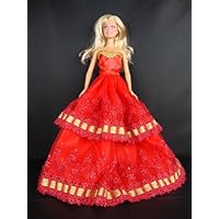 A Christmas Ball Gown in Red with Gold Accents with Red Shawl Made to Fit the Barbie Doll
