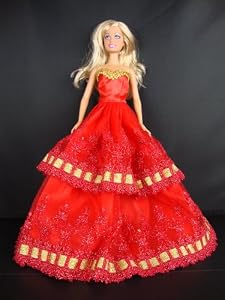 A Christmas Ball Gown in Red with Gold Accents with Red Shawl Made to Fit the Barbie Doll