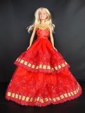 A Christmas Ball Gown in Red with Gold Accents with Red Shawl Made to Fit the Barbie Doll