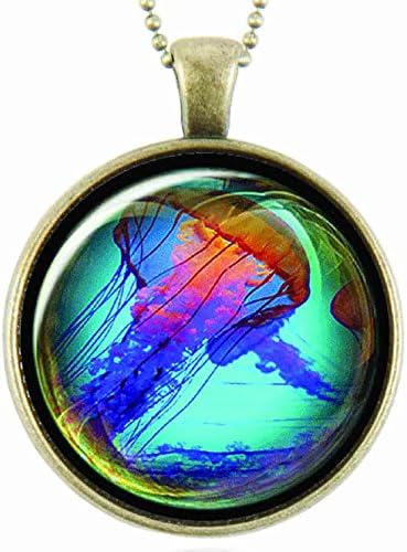 Round serrated pendant with glass cabochon protecting a design with a jellyfish