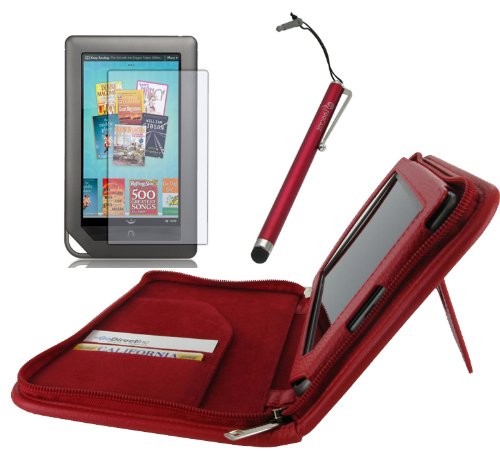rooCASE 3n1 Executive Leather Portfolio (Red) Case Cover with Landscape and Portrait View / Capacitive Stylus / Screen Protector for Barnes and Noble NOOKcolor Nook Color eBook Reader (NOT Compatible with NOOK HD)