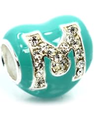 Pro Jewelry .925 Sterling Silver " Letter M in Swarovski Elements on Turquoise Heart " Charm Bead Compatible with Pandora Chamilia Kay Troll Bracelet