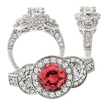 18k Chatham cultured 6.5mm round padparadscha color #3 3-stone style engagement ring with natural diamonds