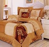 7 Pieces Bronze Beige Gold Satin Embroidered Patchwork Comforter Set/ Bed-in-a-bag King Size