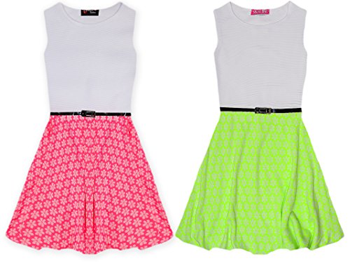 Girls Pink Neon Floral Skater Dress Belted Party Dresses New
