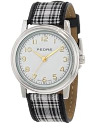 Pedre Womens 0231SX Silver-Tone/ Black-White Plaid Grosgrain Strap Watch