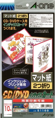 エーワン CD/DVDインデックスカード インクジェット専用タイプ マット紙タイプ A4判変形 1面 2つ折りインデックス用 10シート(10枚) 51169