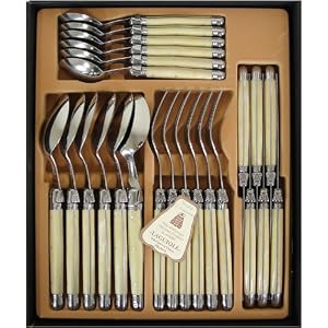 Horn Look Acrylic Ivory Color Laguiole Verdier Heavy Duty Menagere Cutlery Set 24 pc in Gift box