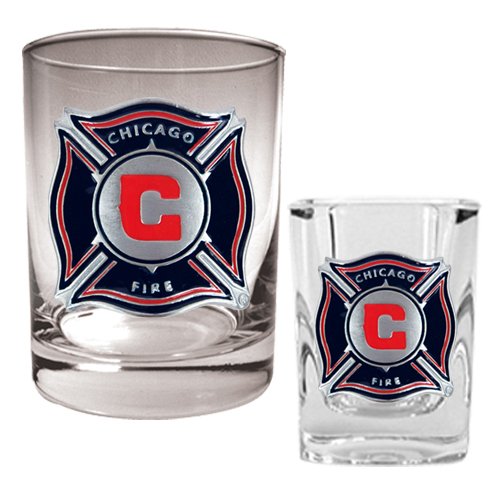 Chicago Fire MLS Rocks Glass and Square Shot Glass Set - Primary Logo