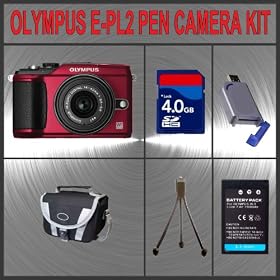 Olympus PEN E-PL2 Digital Camera (Red) W/14-42mm II Lens + Huge Accessories Package Including 4GB SDHC Memory Card + High Capacity BLS-5 Replacement Lithium-Ion Battery + Hi-Speed SD Card Reader + Carrying Case + Table Top Tripod Kit