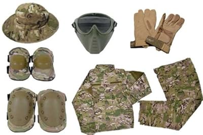 サバゲー 初心者応援セット 迷彩服 ハット フェイスガード グローブ ニー&エルボーパット マルチカム M