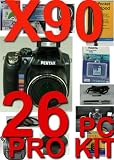 Pentax X90 26 Piece Pro kit With 5 Years Extended warranty , 3 Piece Lens Cleaning Kit , Card case , High speed card reader , Table top Tripod , Adjustable SLR Hand Strap , LCD protector , 8G high speed card , Strap , Soft case, full size Tripod , POP-UP Shade. Extra battery and cap keeper