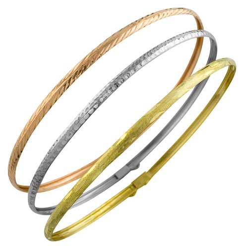 10 Karat Tri-Color Gold Diamond-Cut 3 mm Slip-On Bangles (Set of 3)