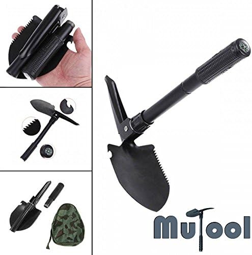 Mutool Military Folding Shovel and Pick with Carrying Pouch, Tactical Army Entrenching Tool, Survival Steel Spade. Mini Ultra Compact Multi Purpose for Camping, Hiking, Backpacking, Gardening