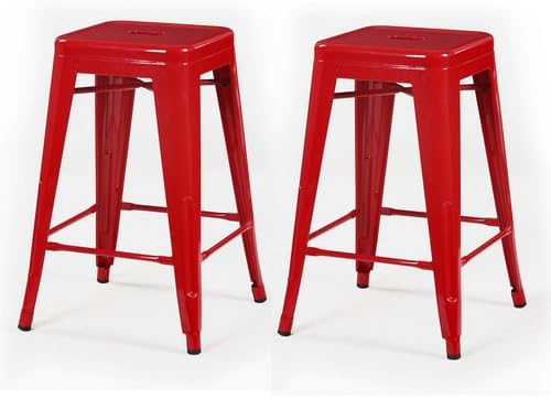 Asense CHA143-3 High Backless Red 24-inch Barstool Glossy Metal Square Seat Tolix-style Chair Counter Stool(set Of 2 Pc)