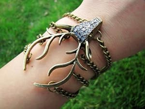 Jirong Vintage Style Antique Bronze Deer Antler Pendant Women Jewelry Bangle Chain Cuff Bracelet SL2270