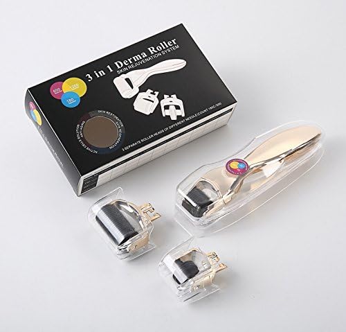 3-in-1 Black Roller Gold Handle Facial Skin Care Needle Micro Acne Scars Derma Skin Roller Stretch Mark with 3 Separated Heads of Different Needles Count for Eye Face Body