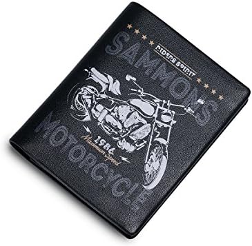 Men Cowhide Leather Bifold Wallets Retro Motorcycle Pattern Card Case Holders Purses (Black)