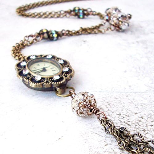 Steampunk rhinestone long vintage watch necklace clock pendant tassel jewelry
