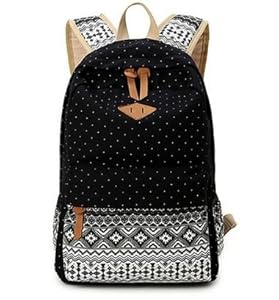 Hitop Geometry Dot Casual Canvas Backpack Bag, Fashion Cute Lightweight Backpacks for Teen Young Girls (Black)