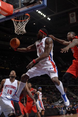 Toronto Raptors v Detroit Pistons: Ben Wallace and Ed Davis Photographic Poster Print by Allen Einstein, 12x18