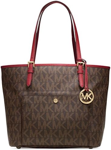 Michael Kors Medium Jet Set Signature Snap Pocket Tote Brown Chili Red