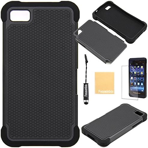 Focusonbox(TM) Hybrid Rugged Rubber Matte Hard Case Cover Skin (Hard Plastic with Soft Silicon) Compatible with Blackberry Z10, with Screen Protector, Stylus and Cleaning Cloth Black