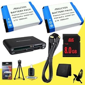 Two Halcyon 1500 mAH Lithium Ion Replacement Battery + 8GB SDHC Class 10 Memory card + Mini HDMI Cable + Multi Card USB Reader + Memory Card Wallet + Deluxe Starter Kit for GoPro HD Hero, HD Hero2, HD HERO Naked