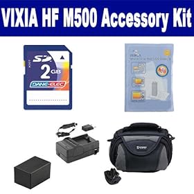 Canon VIXIA HF M500 Camcorder Accessory Kit includes: KSD2GB Memory Card, ZELCKSG Care & Cleaning, PTBP718 Battery, SDC-26 Case
