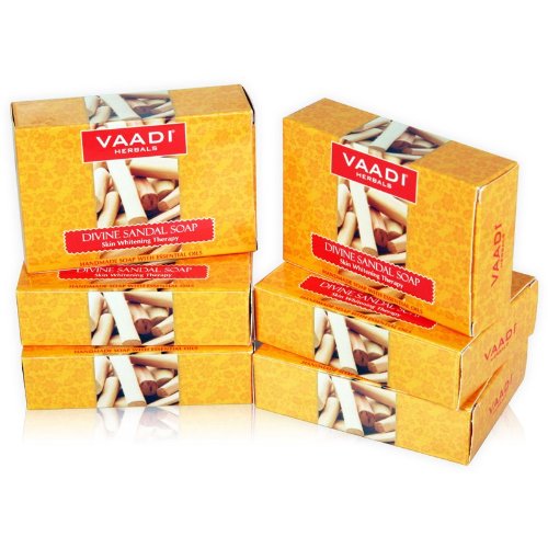 Sandalwood Soap (Sandalwood Oil Bar Soap) with Saffron and Turmeric Extracts – Handmade Herbal Soap (Aromatherapy) with 100% Pure Essential Oils – ALL Natural – Skin Whitening Therapy – Each 2.65 Ounces – Pack of 6 (16 Ounces) – Vaadi Herbals image