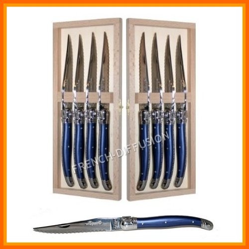 Authentic French LAGUIOLE 8 STEAK KNIVES set BLUE color in