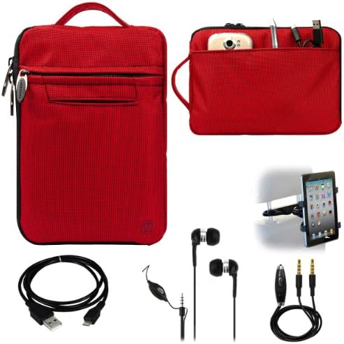 RED FIRE JACKET Smooth Nylon Feel Protective Durable Quality Sleeve with accessories compartment For Amazon Kindle Fire Full Color 7" Multi-touch Display, Wi-Fi (Newest Tablet) + Includes a Black Micro USB Data Sync Cable + Auxilary Cable ( AUX Connectivity ) + Adjustable HeadRest Car Mount Kit + High Quality Noice Reducer MP3 Handsfree Earbuds Earphones with Mic