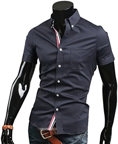 PAUL JONES Mens Casual Slim Short Sleeve Shirts Navy Blue(L)