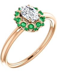 14K Rose Gold Oval Cut Diamond and Emerald Flower Inspired Ring -- LIFETIME WARRANTY