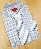 Jean Paul White/Navy Checks Dress Shirt/Tie/Hanky Set