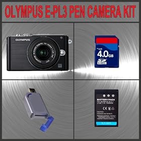 Olympus PEN E-PL3 Digital Camera (Black) W/14-42mm Lens + Huge Accessories Package Including 4GB SDHC Memory Card + High Capacity BLS-1 Replacement Lithium-Ion Battery + Hi-Speed SD Card Reader + Kit