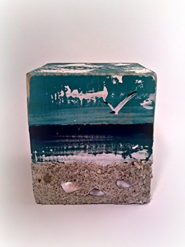 Hand Painted Beach Scene Beach Block with Real Beach Sand and Sea Shells Deep Blue Sea Colors