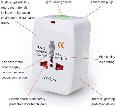 Classic Version AKILULU Dual USB Universal AC Power Plug Adapter Travel Power Plug Wall Ac Adapter Adaptor Charger for USA Eu Uk AUS -White Surge Protector Universal Travel adapter adaptor