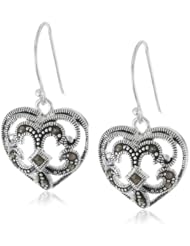 Sterling Silver Marcasite Filigree Heart Dangle Earrings