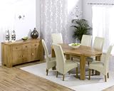 Oval Solid Oak Dining Set with Sideboard, cream leather chairs