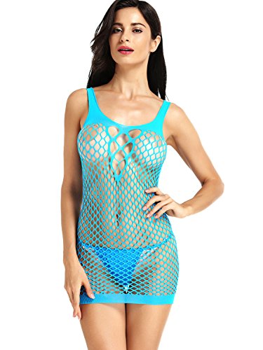 Amoretu Womens Straps Lingerie Hollow Out Mini Dress Stretchy Chemise Acid Blue