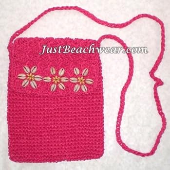 Crocheted Toyo Bag with Cowry Shell Flowers, Fuchsia