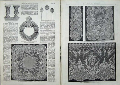 1863 LACE HANKERCHIEF DRESS BROOCH LEATHER VASES LAPPET