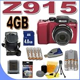 Kodak Easyshare Z915 10MP Digital Camera w/ 10x Optical IS Zoom (Red) 4GB BigVALUEInc Accessory Saver NiMH Bundle