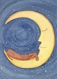 Brown dachshund (doxie) sleeping on moon (large size) / Lynch folk art print